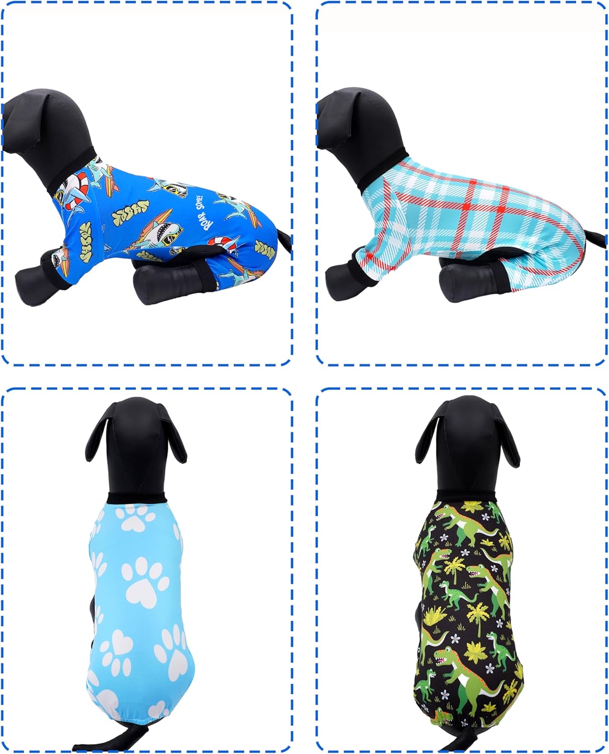 PET SHOW 4 Pack Small Dog Pajamas for Doggies Boy Dinosaur Shark Soft Stretchy PJs Plaid Jumpsuit Puppy Cats Paw Onesies Outfits with Sleeve Pets Breathable Summer Clothes Costume S