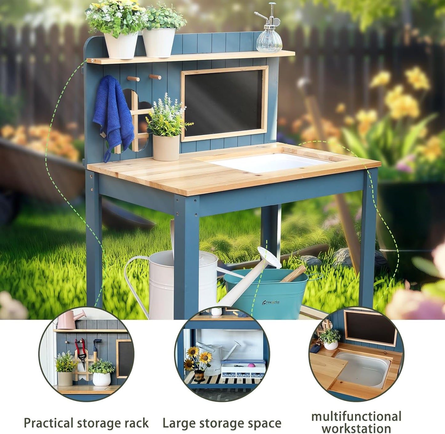 Kids Potting Bench Table Garden Workbench Outdoor Kids Garden Double-Layer Planting Table with Drawing Board Removable Sink,Wood Outdoor Play Kitchen for Toddlers,Backyard and Porch Blue