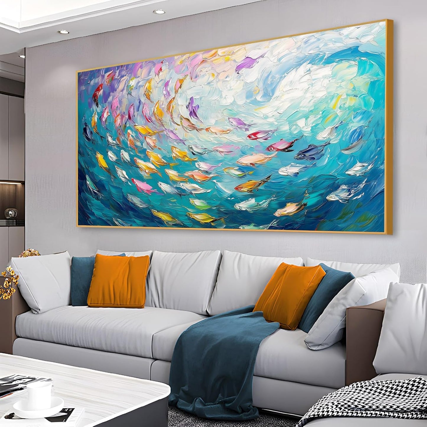 Fish Canvas Wall Art, Abstract School of Fish Canvas Wall Art, School of Fish Painting Canvas, School of Fish Wall Art, Fish Wall Decor, Fish Pictures Wall Decor, Bedroom Canvas Wall Decor (Gold Framed, 36"x20" | 92x52cm)