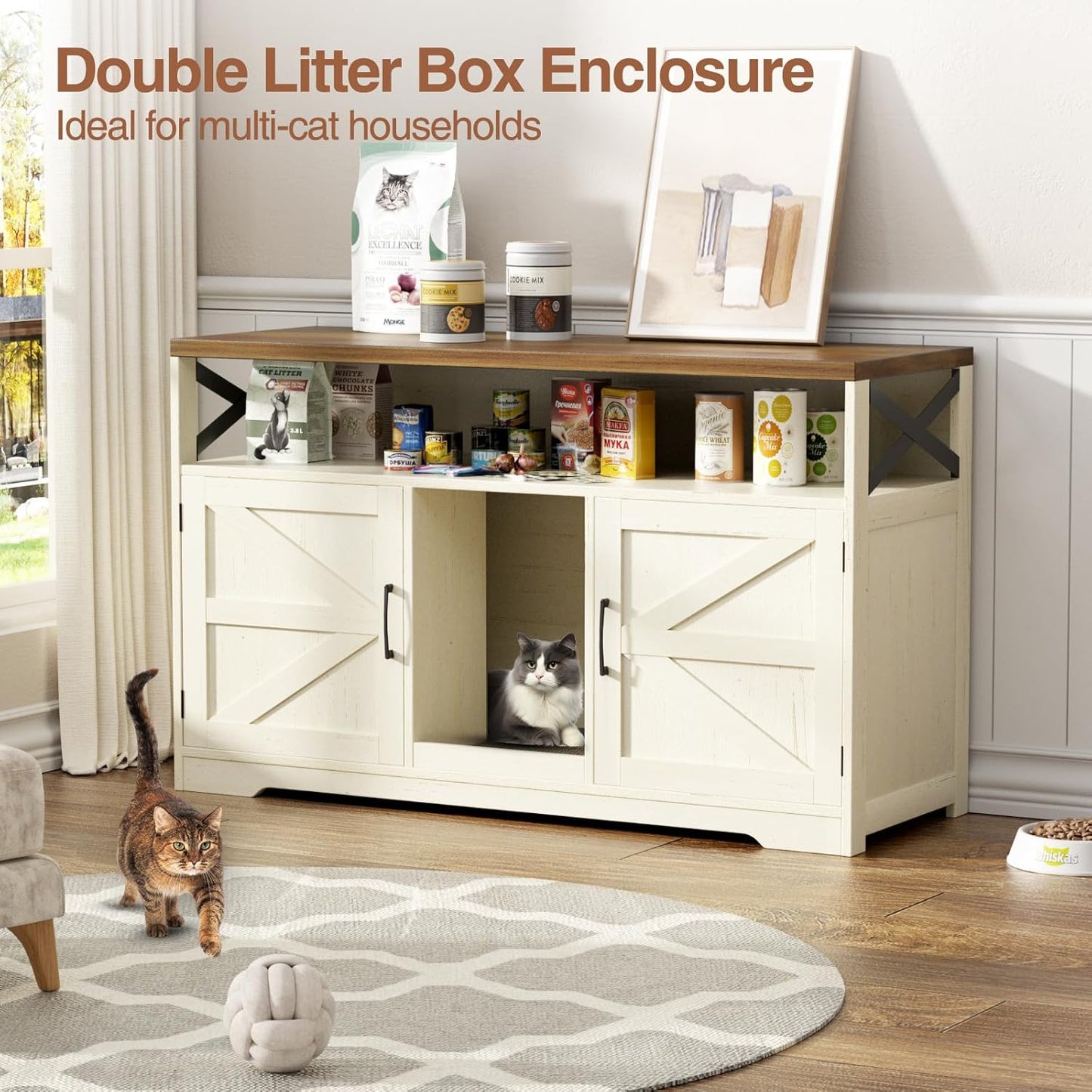 Cat Litter Box Enclosure for 2 Cats, 47" Double Hidden Litter Box Furniture with Scratch Pad, Farmhouse Indoor Litter Box Cabinet Cat Washroom, White