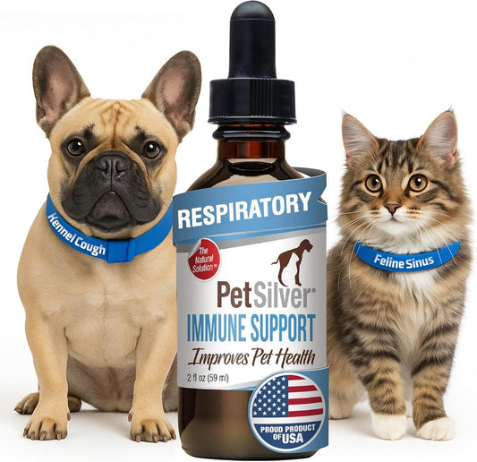 PetSilver Immune Support - Promotes Respiratory Health in Cats & Dogs, Sinus & Kennel Cough Treatment, Natural Antibiotic, Allergy Relief, Chelated Silver Formula, Easy-to-Use Dropper, USA - 2 fl oz