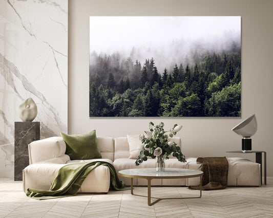 Nature Wall Art Prints - Ocean Forest Mountain Lake Canvas Landscapes - Small to Extra Large Living Room Bedroom Kitchen Bathroom Décor (Foggy Pine Forest, 35L" x 53W")