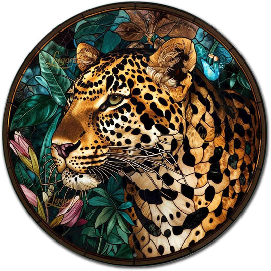 Lygond Metal Sign Tin Sign Circular Stained Glass Leopard Gardening Poster for Bar 12×12 Inches