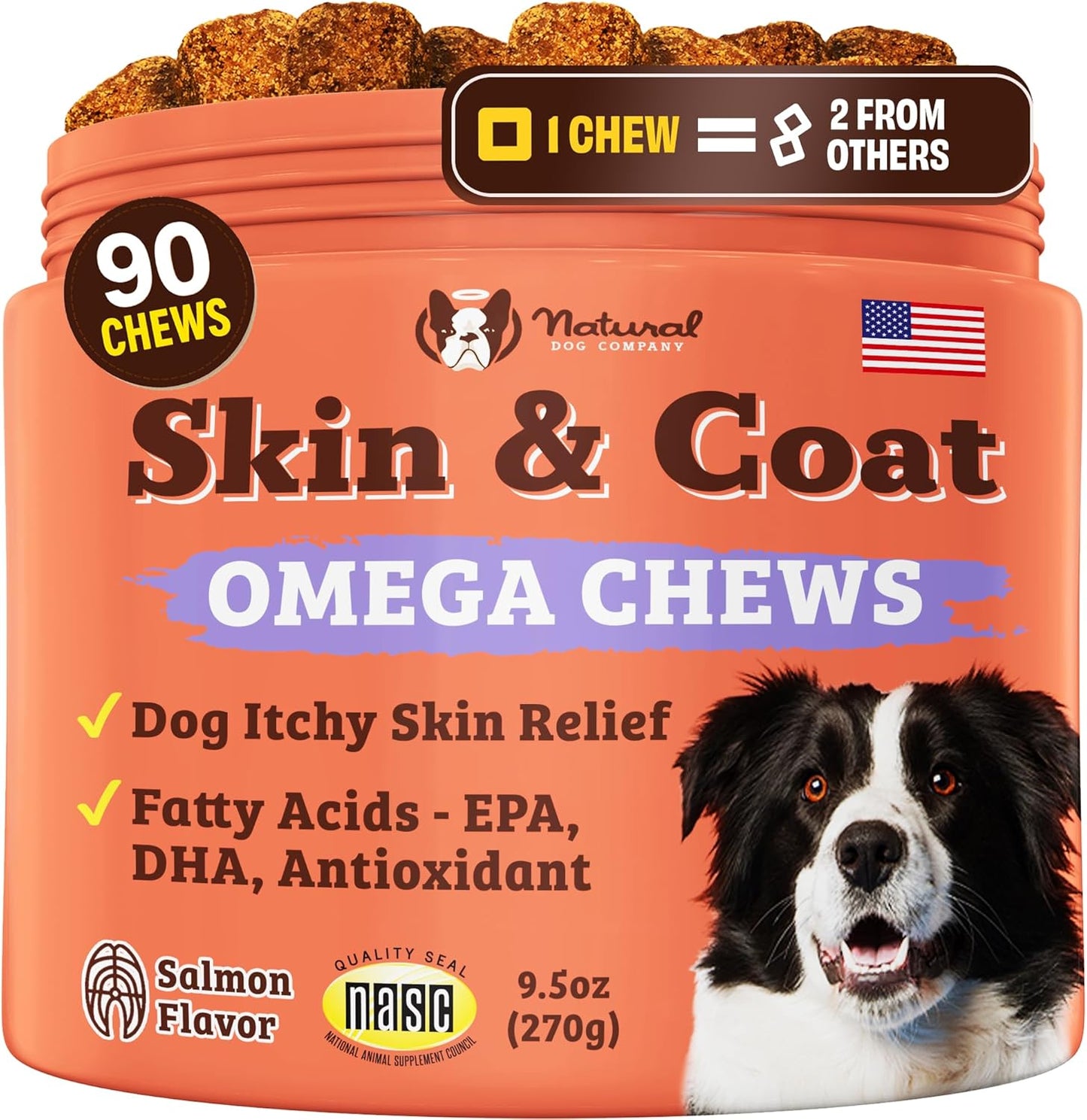 Natural Dog Company Skin & Coat Supplement for Dogs Omega-3 Rich Salmon Oil Chews for Itchy Skin Relief, Shedding & Allergy Support, Shiny Coat Health, with Biotin, Vitamin E, Grain-Free (90 Count)