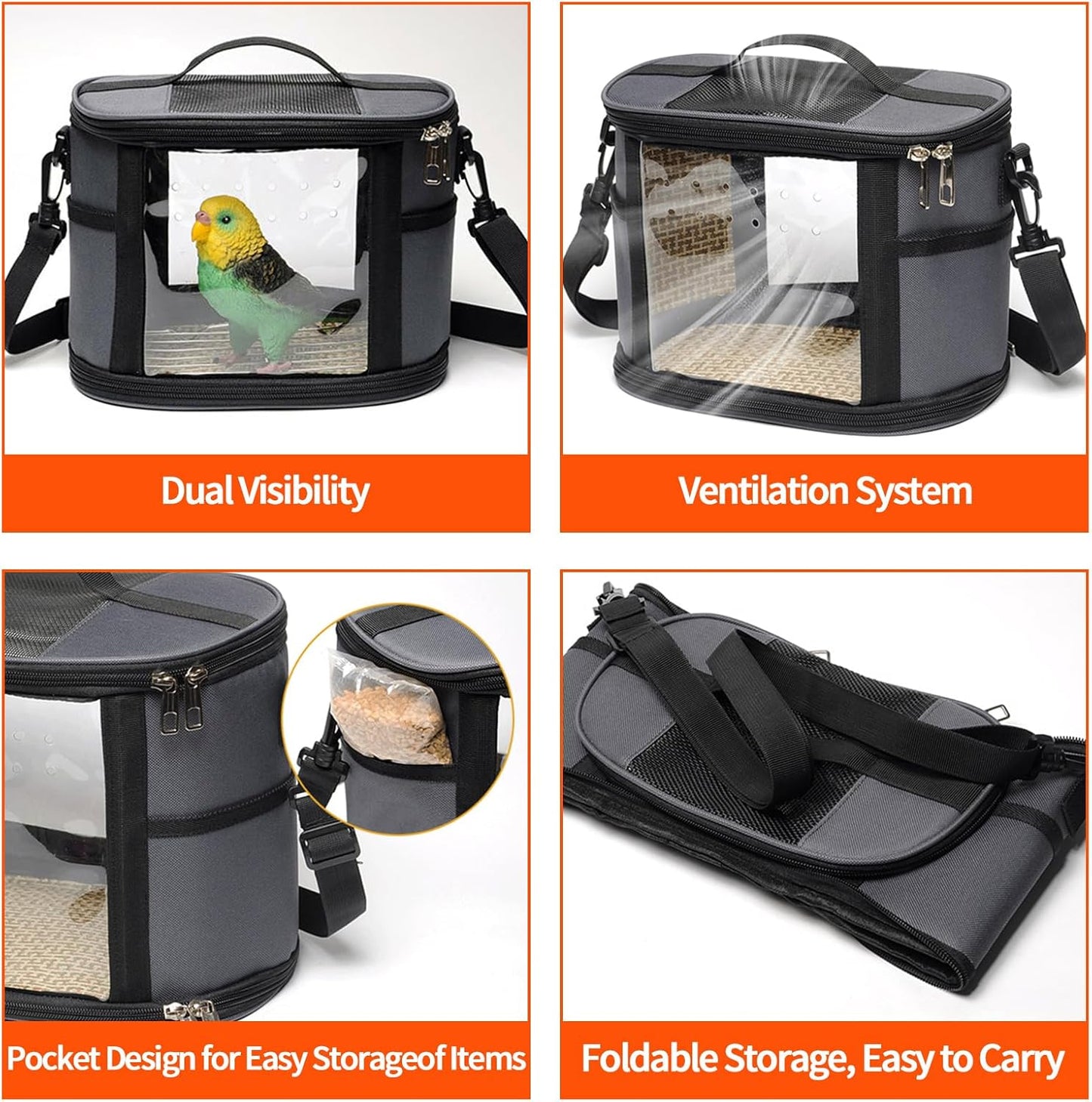 Bird Travel Carrierm, Small Bird Travel Backpack Carrier Cage with Tray and Breathable Clear Window, for Parakeet Cockatiel Budgies, for Camping Hiking (Small-Black)