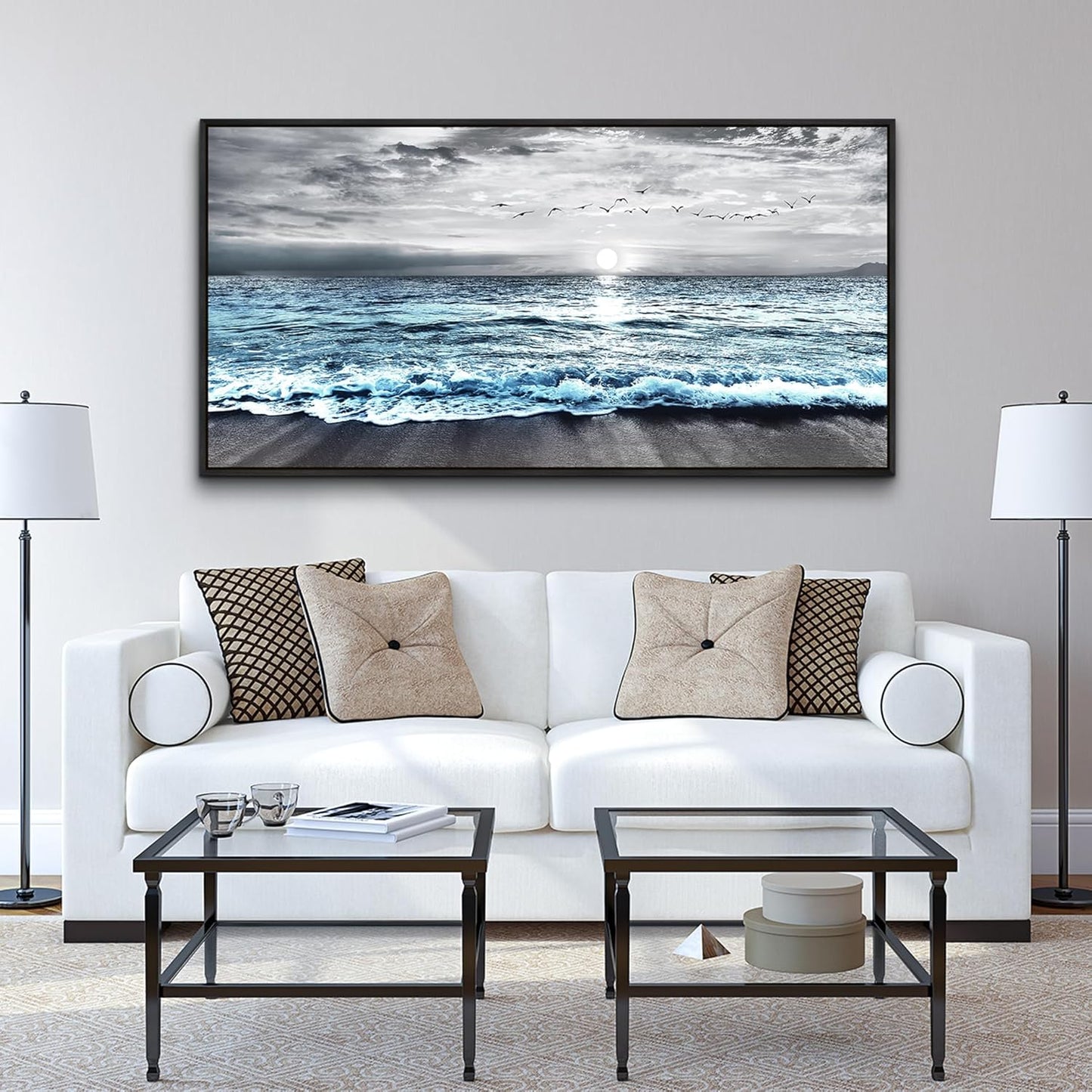 Wapluam Large Wall Art For Living Room Wall Decor For Bedroom Office Wall Decorations Black And White Wall Painting Blue Sea Wave Pictures Artwork For Modern Black Framed Beach Canvas Prints Poster