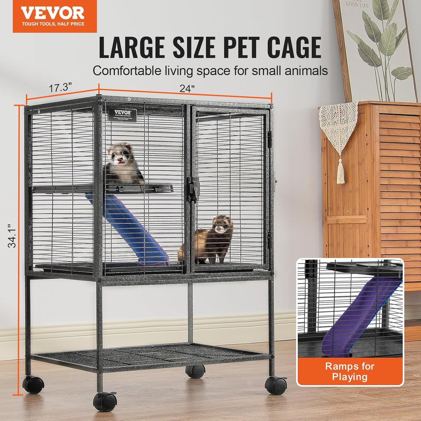 VEVOR 34" Rolling Metal Ferret Cage, Large 2-Tier Critter Nation Cage, Small Animal Cage with Ramps & Tray, Easy to Set up for Pet Mice, Hamster, Guinea Pig, Chinchilla, Squirrel, Hedgehogs, Bunny