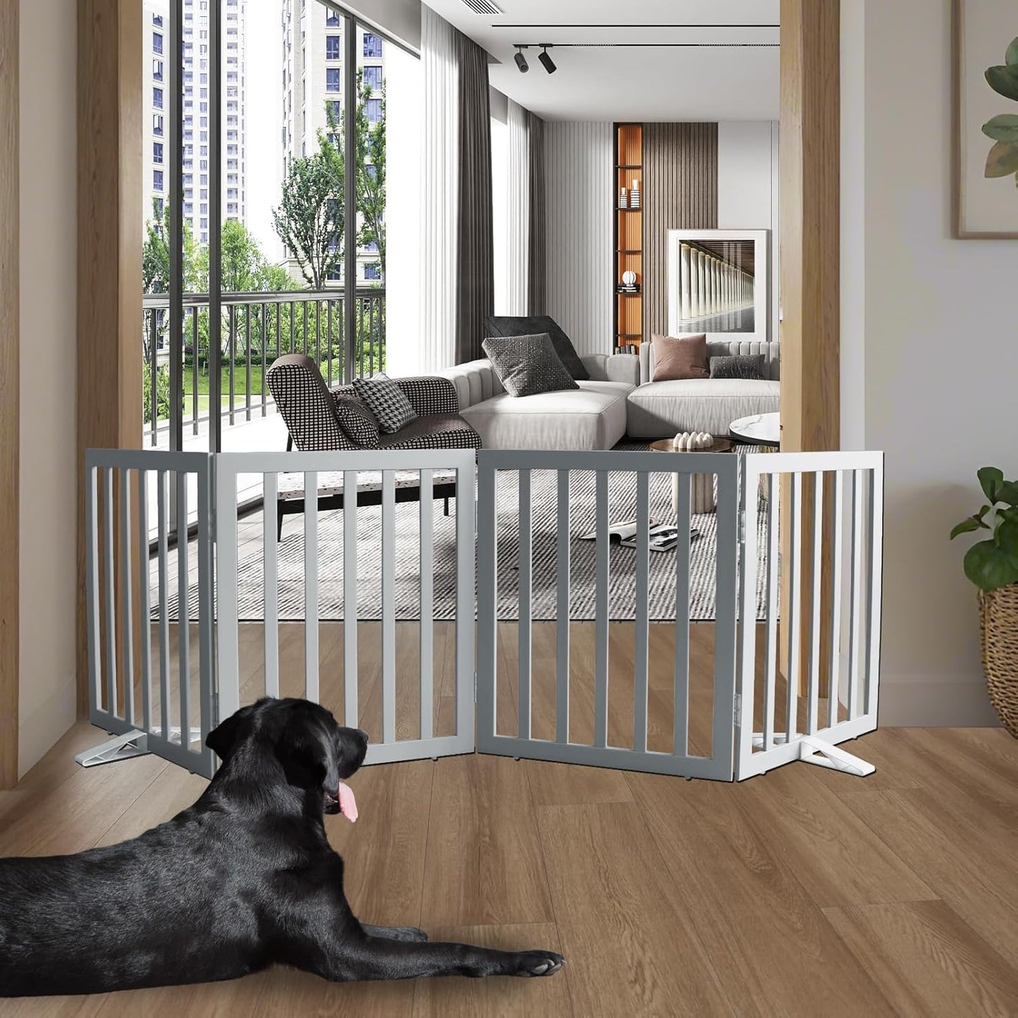 ZJSF Freestanding Indoor Dog Gate for House Foldable Wood Puppy Gate for Doorways Pet Gate for Stairs Extra Wide Pet Fence, Grey, 24" Height 4 Panels
