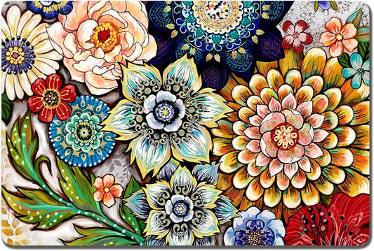 Rnivvi Dog Food Mat, 16" x 24" Flower Absorbent Dog Cat Bowl Mat for Food and Water, Cute Anti-Slip Rubber Pet Feeding Rug Protect Floors, Puppy Placemat for Feeding & Watering Supplies,Mandala Floral