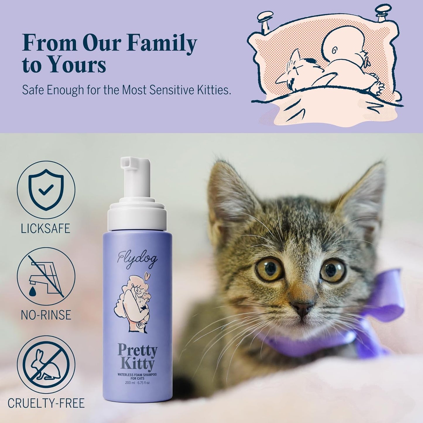 Pretty Kitty Waterless Cat Dry Shampoo – No Rinse, Lick-Safe, Moisturizing for Dry Skin, Detangler, Deshedding, Itchy Skin– Soap-Free Spray Foam for Kittens, Grooming Bathing Hydrat Softening Formula