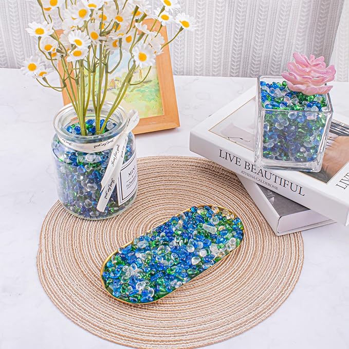 Keedolla 3 Lb Green Mix Aquarium Glass Stones Betta Fish Tank Bowl Rocks, Aquarium Fish Tank Gravel Glass Pebbles Gemstones for Fountain Succulent Plant Decorative Rock Pebble Stone