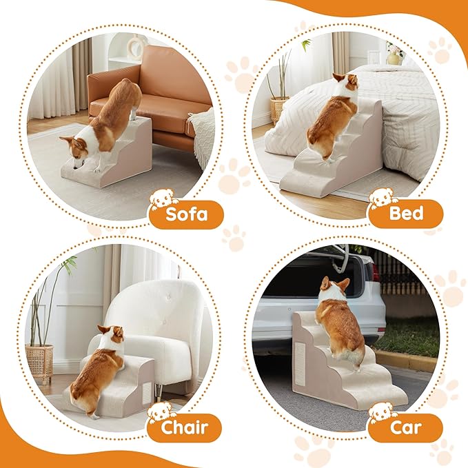 Pet Stairs for Small Dogs - 3-Step Curved Dog Ramp for Bed, Couch, Sofa, Car and Chairs - Non-Slip Bottom Design - Cat Scratching Board - High Density Foam Portable Pet Step - Beige