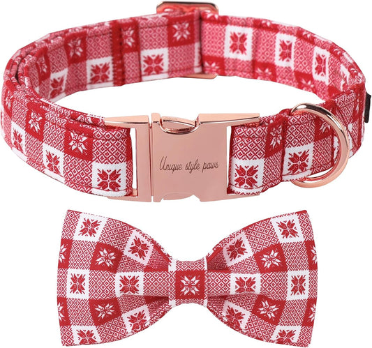 Unique Style Paws Christmas Day Dog Collar with Bow Christmas Red Papercut Cotton Puppy Collars for Small Medium Large Dogs