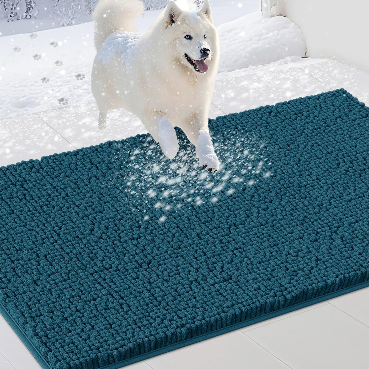 Extra Large Dog Door Mats for Muddy Paws, Chenille Absorbent Door Mats, Non Slip Heavy Indoor Door Mat for Dogs, Soft Dog Mat for Entryway, Mud Paws, Inside Floor,60" x 36", Teal Blue