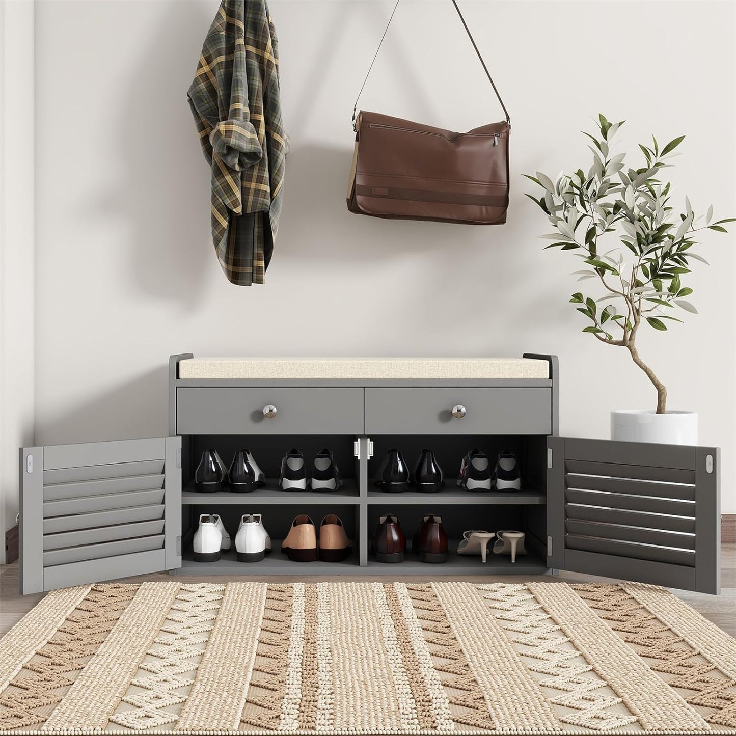 Shoe Storage Bench with 2 Drawers & 2 Doors, Entryway Bench with Cushion, 2 Adjustable Shelves, Shoe Cabinet for Entryway, Living Room, Hallway, Mudroom, Bedroom, Grey