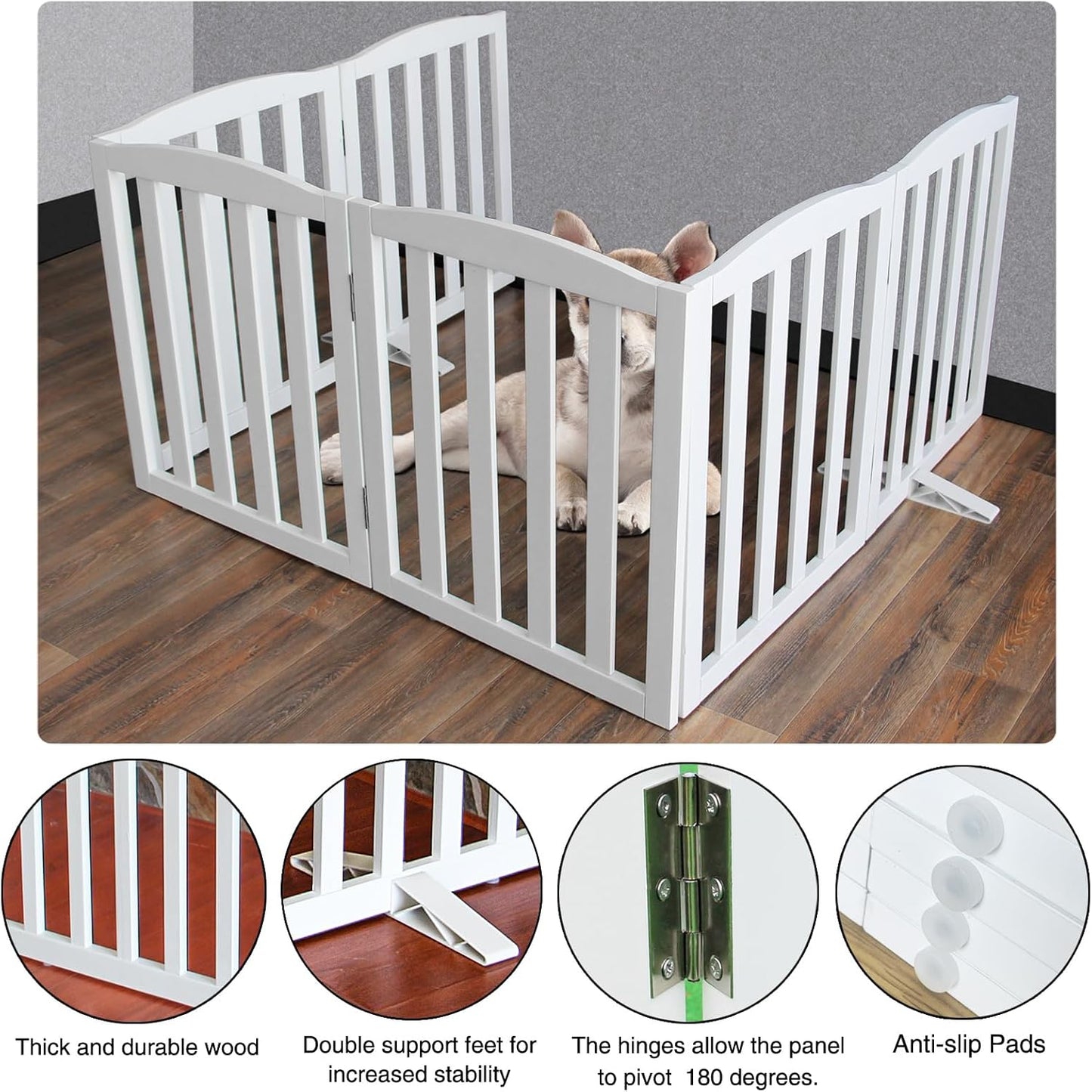 ZJSF Foldable Freestanding Indoor Dog Gate for House Wood White Long Pet Gates Dog Fence for Stairs Puppy Gates for Hallways,Pet Fence, Puppy Gate,Support Feet Included 32 "Height-6 Panels