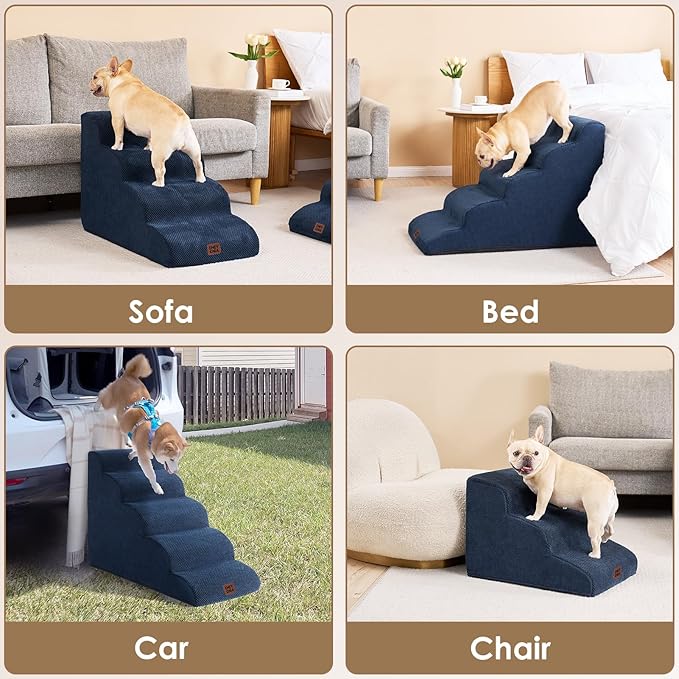 EHEYCIGA Curved Dog Stairs Ramp for High Beds 19.7" H, 4-Step Dog Steps for Small Dogs and Cats, Pet Stairs for High Bed Climbing, Non-Slip Balanced Pet Step Indoor, Navy