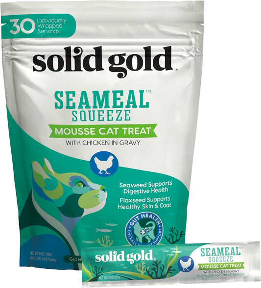 Solid Gold Lickable Cat Treats - Limited Ingredient Chicken SeaMeal™ Squeezable Healthy Cat Treats for Indoor Cats - Snack & Topper Squeeze Ups for Cats w/Seaweed for Gut & Immune Support - 3oz/30ct