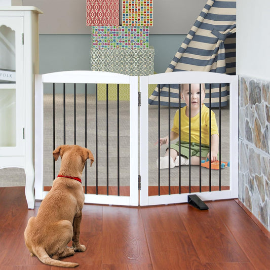Freestanding Panel Gate for Indoor Doorways, Stairs, or Hallways, Foldable Wooden Gate for Dogs, Support Feet Included, 24" Height - 2 Panels, White