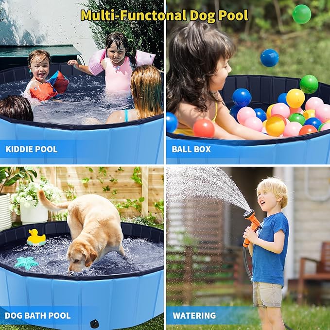 Foldable Dog Pool, 32" x 8" Kiddie Pool with Hard Plastic, Non-Slip Dog Bath Tub for Outdoor Backyard, Collapsible Dog Swimming Pool for Kids Dogs Pets (Blue)