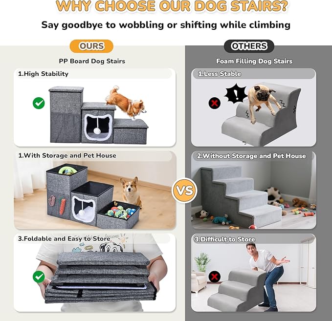 Bilibrara Dog Stairs for Small Dogs, Foldable Pet Steps for High Bed, Non-Slip 3-Step Cat Stairs with Storage, Condo and Fluffy Ball, Small Dog Indoor Ramp for Couch Window, 16'' H