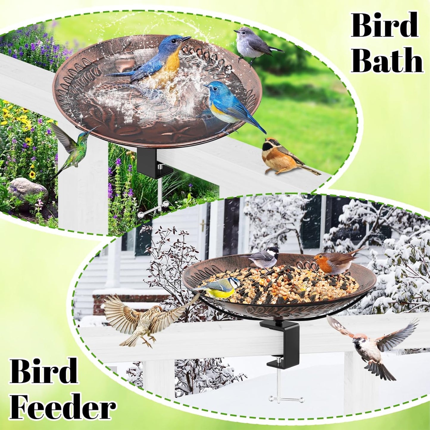 Deck Mounted Bird Bath for Outside, Detachable Birdbath Bowl with Sturdy Clamp, Outdoor Bird Baths Bowl for Attracting Birds Garden Yard Decor (Vintage Copper Turtle)