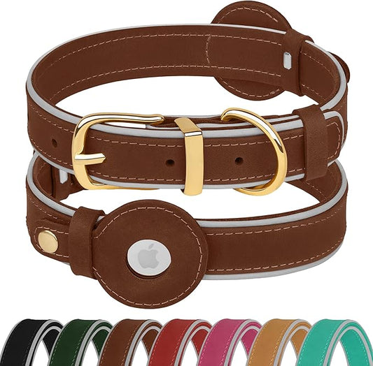 OOPSDOGGY Reflective Geniune Leather Airtag Dog Collar Soft Padded Collars for Small Medium Large Breed Dogs Puppy, 4 Sizes, 7 Colors (Brown, Large, 15"-19")