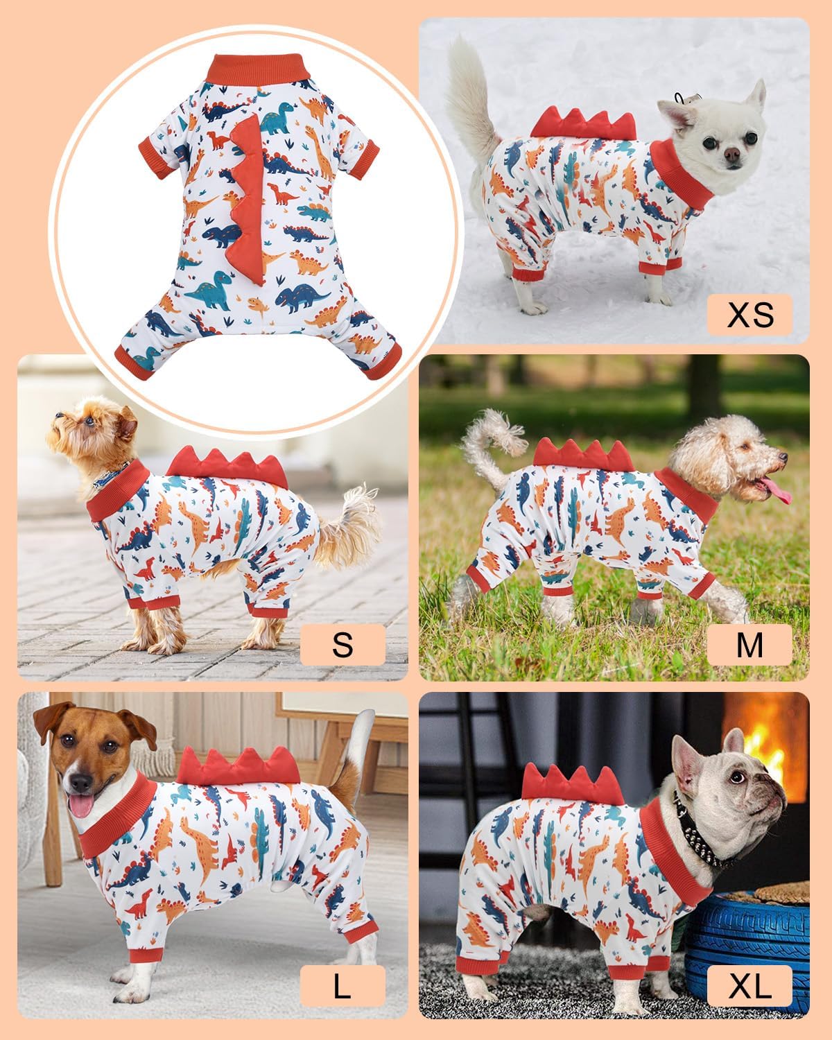CuteBone Dinosaur Costume Dog Pajamas, Stretchy Spandex Crystal Velvet Sleepwear Coat for Small Dogs, Soft & Warm Pet Outfit Clothes for Cold Weather, Cozy Pullover Design COSP02S