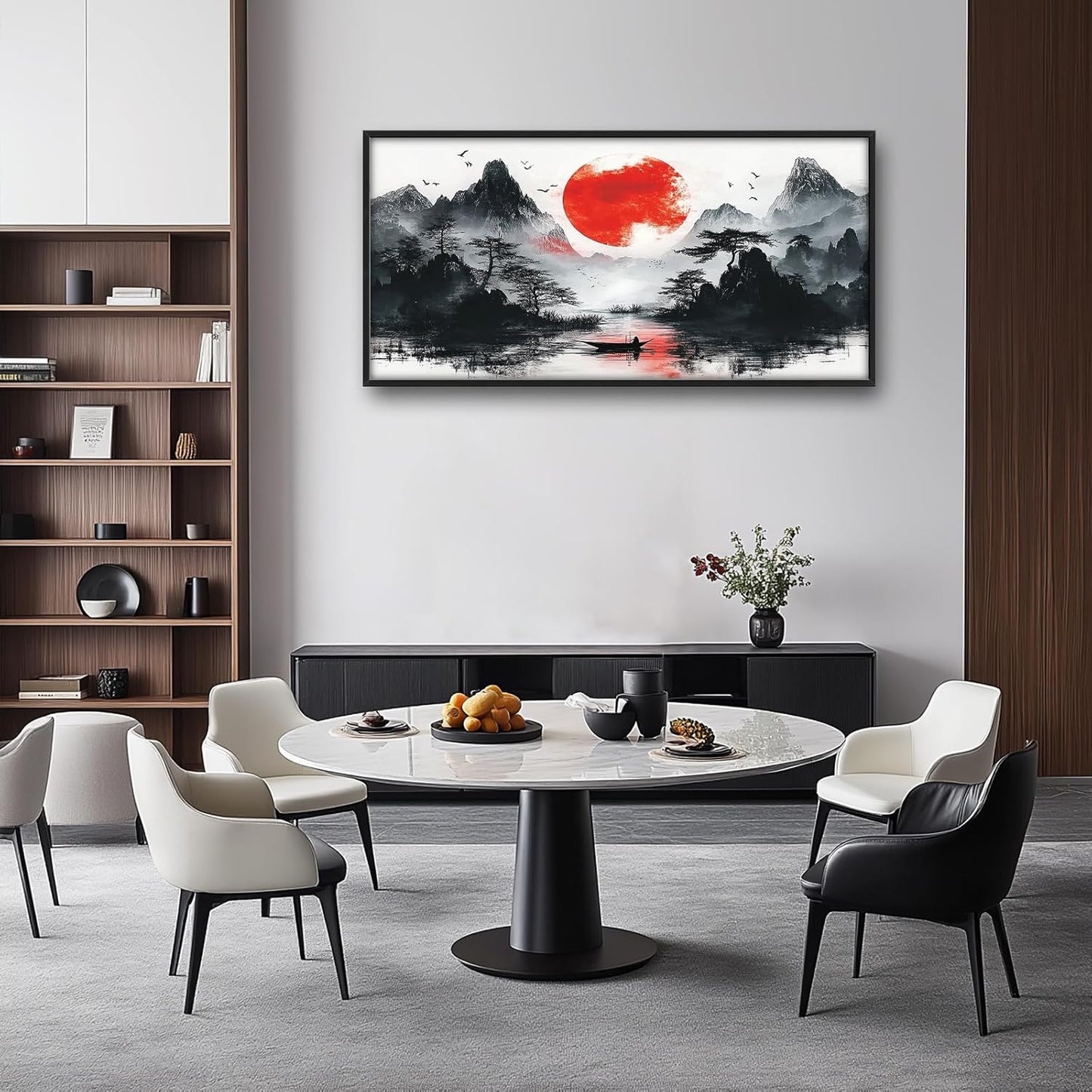 Framed Large Japanese Mountain Wall Art for Living Room, Oversized Asian Red Sun Lake Landscape Wall Decor Nature Canvas Painting Home Decoration for Living Room Bedroom Office 60"x30"