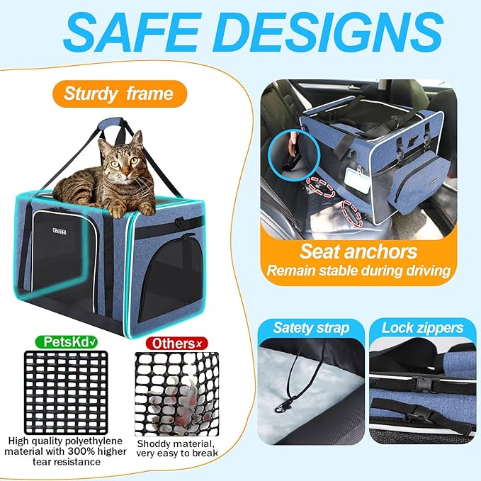 Petskd Extra Large Cat Carrier with Wheels and Litter Box 24"x17"x17" for Large Cat or 2 Small Cats, Collapsible Soft Sided Pet Carrier for Car Travel with Lockable Safety Zippers(Blue)