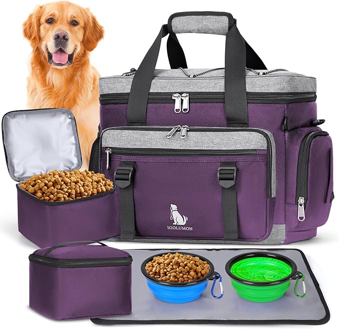 IGOLUMON Dog Travel Bag Large Pet Travel Bags Set for Supplies Weekend Dog Travel Kit Tote Organizer Multi-Pockets Dog Food Travel Bag with 2 Large Food Containers, 2 Dog Bowls, 1 Feeding Mat, Purple