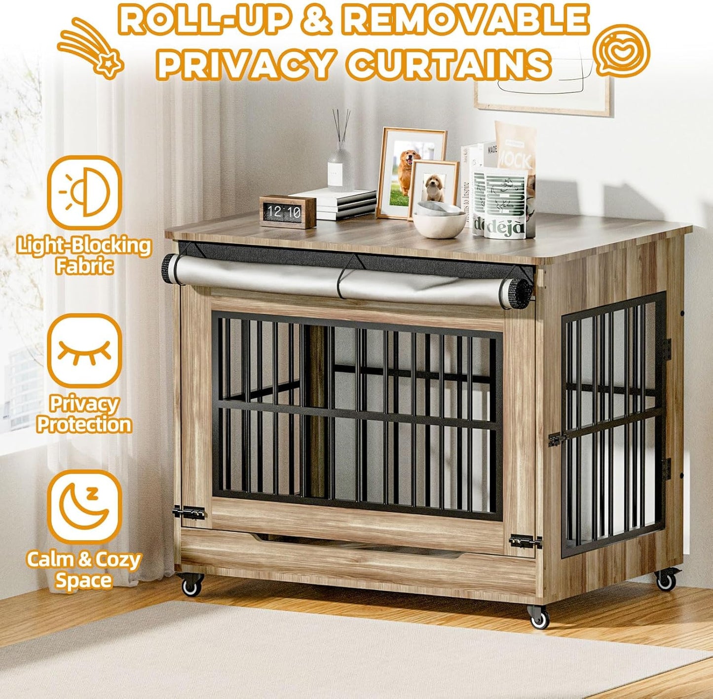 42" Large Dog Crate Furniture, Double Door Wooden Indoor Dog Kennel Furniture, Decorative Pet Cage End Table with Wheels for Large Breed Dogs, Size XL, Rustic Brown