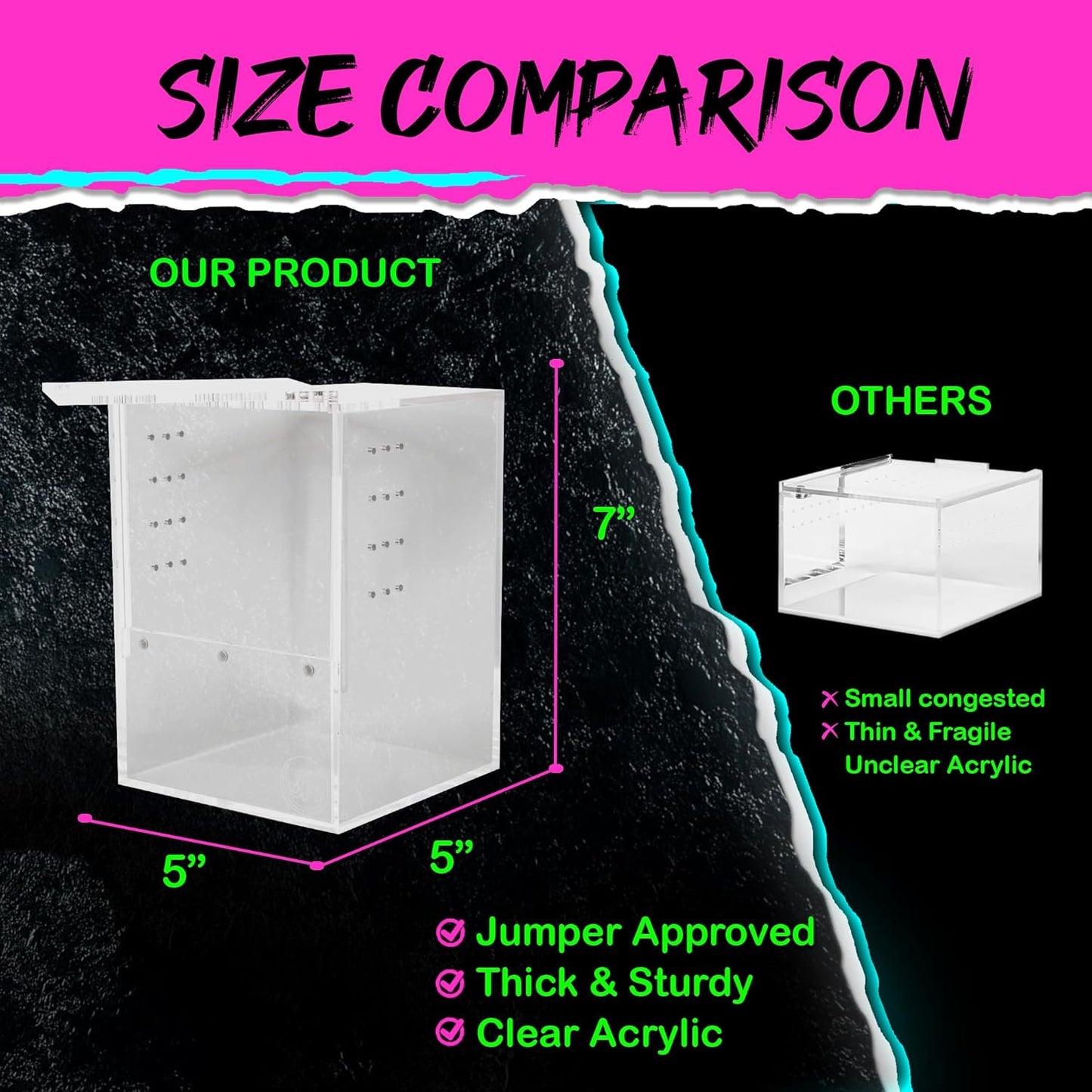 Jumping Spider Enclosure 5"x5"x7" or Tarantula Enclosure - Reptile Terrarium w/Sliding Magnetic Door - Great Reptile Tank & - Acrylic Aquarium Spider Box for Terrestrial or Arboreal Animals