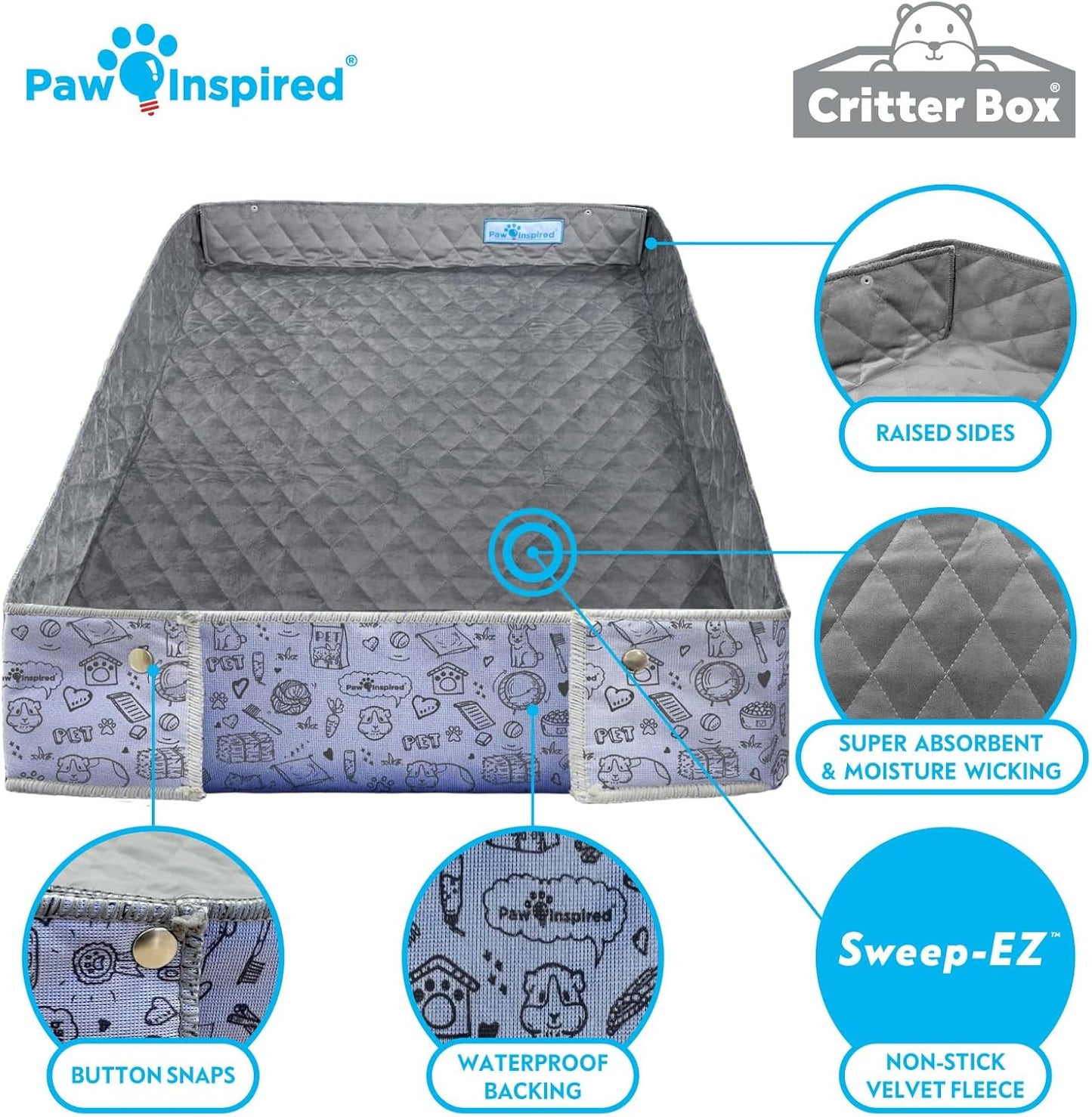 Paw Inspired Critter Box Washable Cage Liner with Raised Sides, Fleece Bedding with Waterproof Bottom, Edge Protected Pee Pads for Guinea Pigs, Rabbits, Hamsters, Small Animals (Midwest Size)