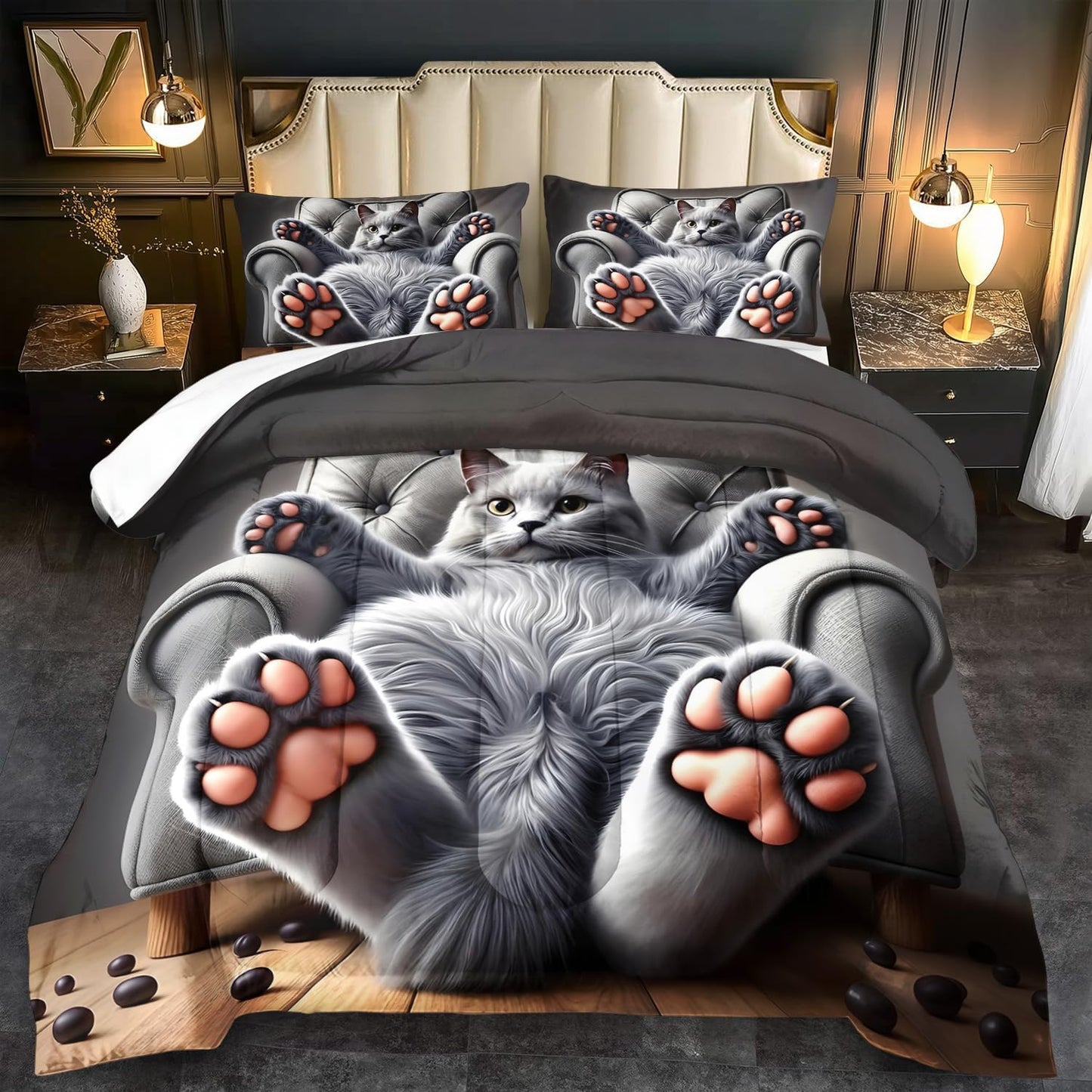 Cute Cat Comforter Set Queen,Grey Kawaii Cat Bedding Set Adult,Cute Animal Comforter for Boy,American Shorthair Bedding Grey,Kawaii Animal Print Quilt Bedroom Decor Kids