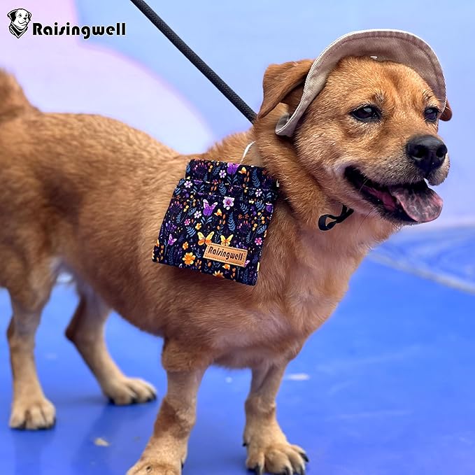 Dog Treat Pouch, Pocket Sized Pet Training Pouch, Cotton Fabric, Hand Free Purple Flower Dog Walking Bag with Carabiner, Self-Closing Pet Feed Snack Reward, for Puppy Travel or Outdoor Use