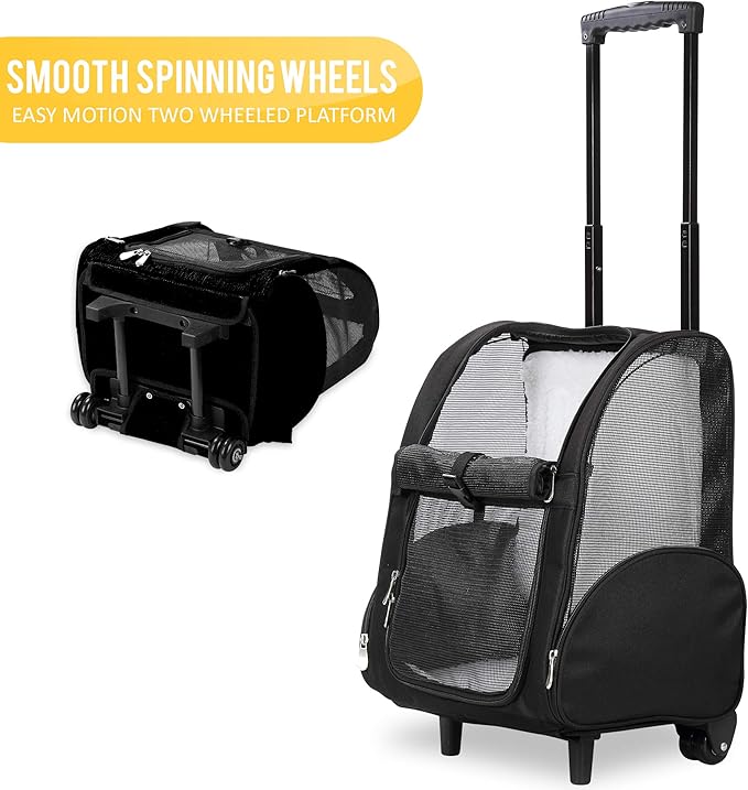 KOPEKS Deluxe Backpack Pet Travel Carrier with Double Wheels for Pets up to 10 Pounds - Black - Approved by Most Airlines