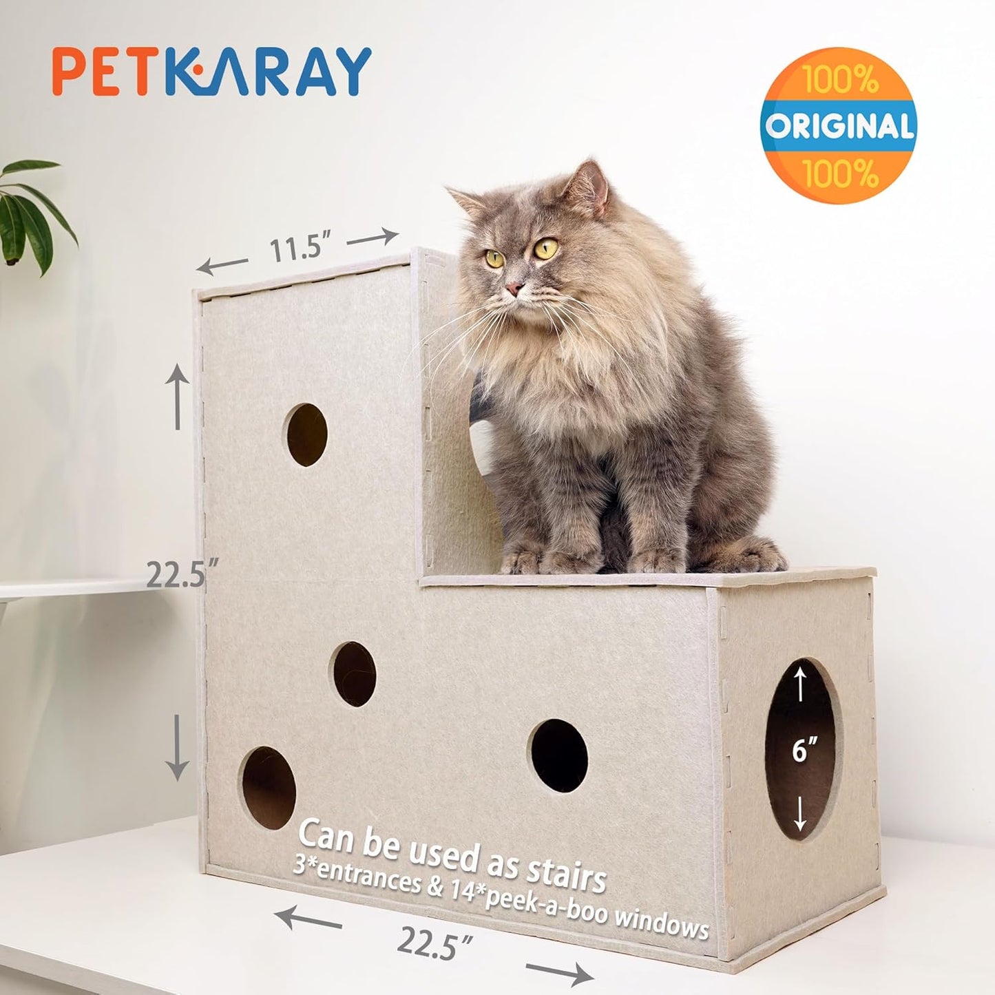 PETKARAY Cat Tunnel, Original Cat Hideaway Cave for Indoor Cats, Large Kitten Play Tubes and Tunnels, Soft Felt Cat Toy with Interactive Peek Hole
