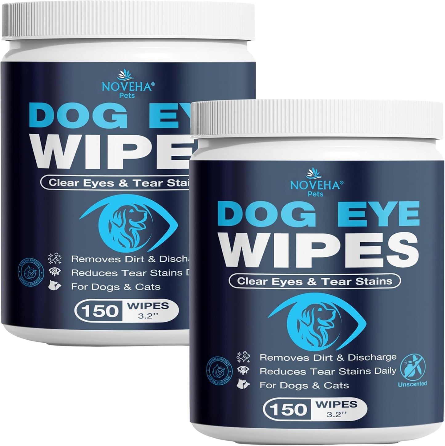 NOVEHA Cat & Dog Eye Wipes Tear Stain Remover for Discharge and Crust | White Pet Face Wipes | Easy Daily Pets Gentle Eye Cleaner for Whitening & Cleansing | 2PK - 150 Large Pk Round Wipes