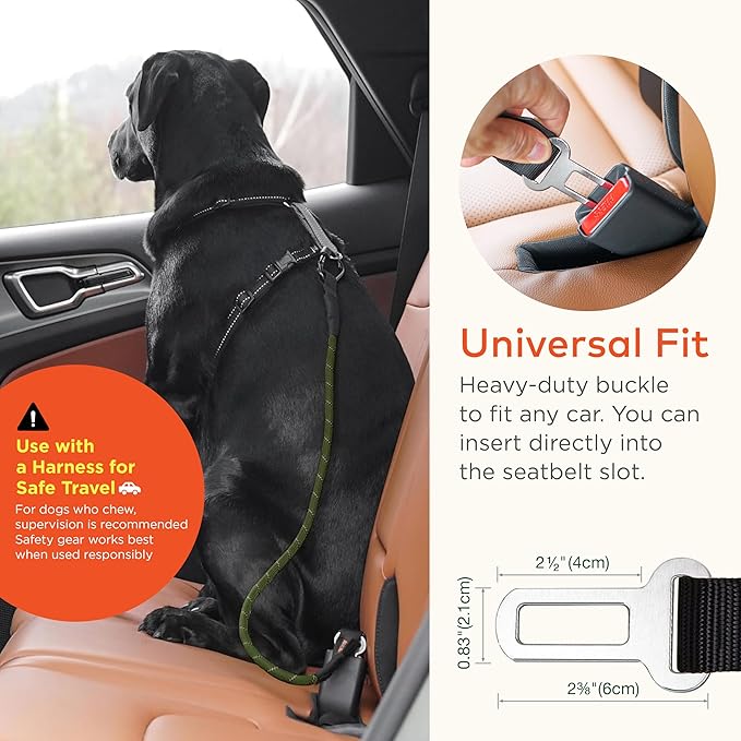 Dog Seat Belt for Car | Universal Dog Car Seatbelt | Durable Reflective Rope with Clip Hook Latch, Buckle and Carabiner- Safe and Secure Pet Safety Restraint (Army Green)