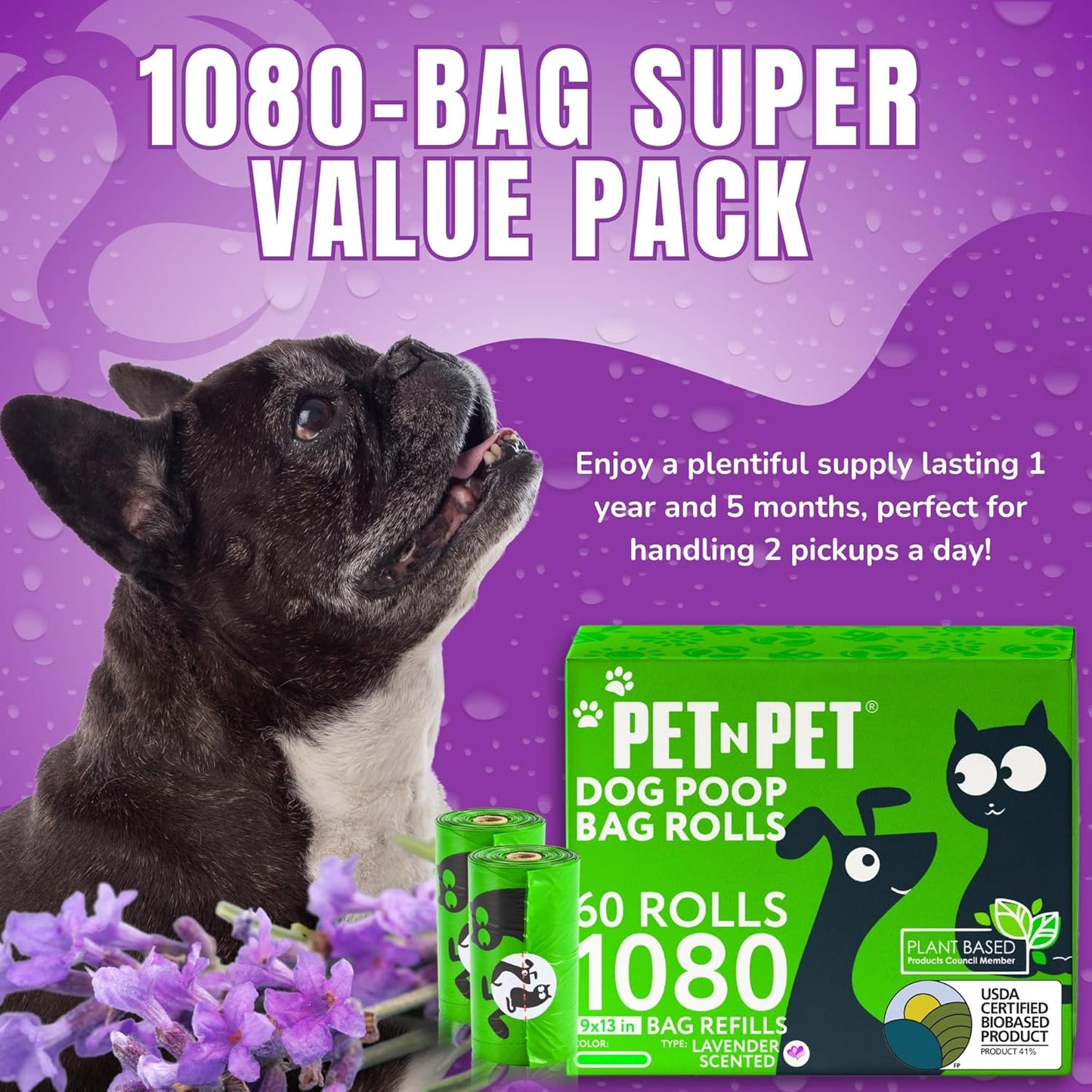 Pet N Pet 1080 Counts Green Poop Bags for Dogs, 41% Plant Based & 59% PE Extra Thick Dog Poop Bags Rolls, 9" x 13", Lavender Scented Pet Waste Bag