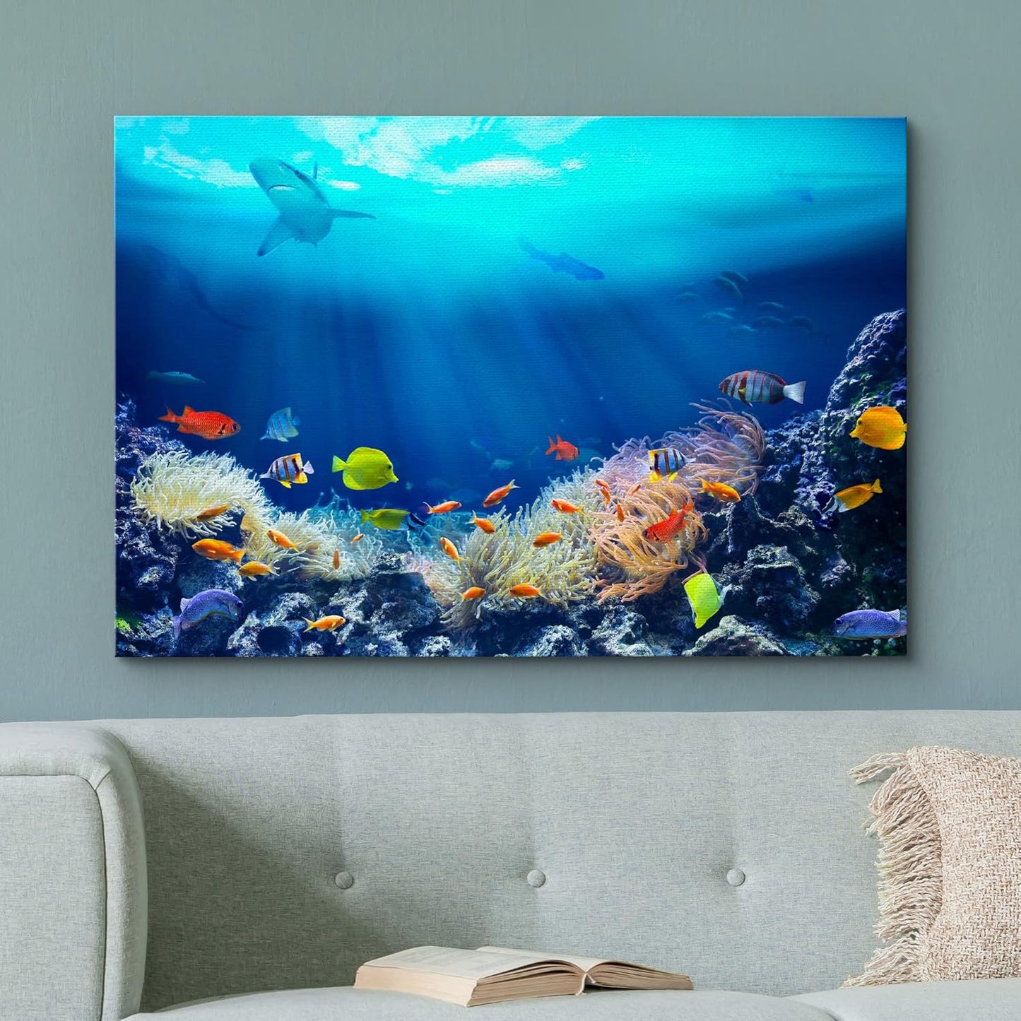 wall26 Canvas Print Wall Art Shining Sunlight Coral Reef Shark & Fish Nature Animals Photography Realism Rustic Scenic Landscape Wilderness Earth Colorful for Living Room, Bedroom, Office - 12"x18"