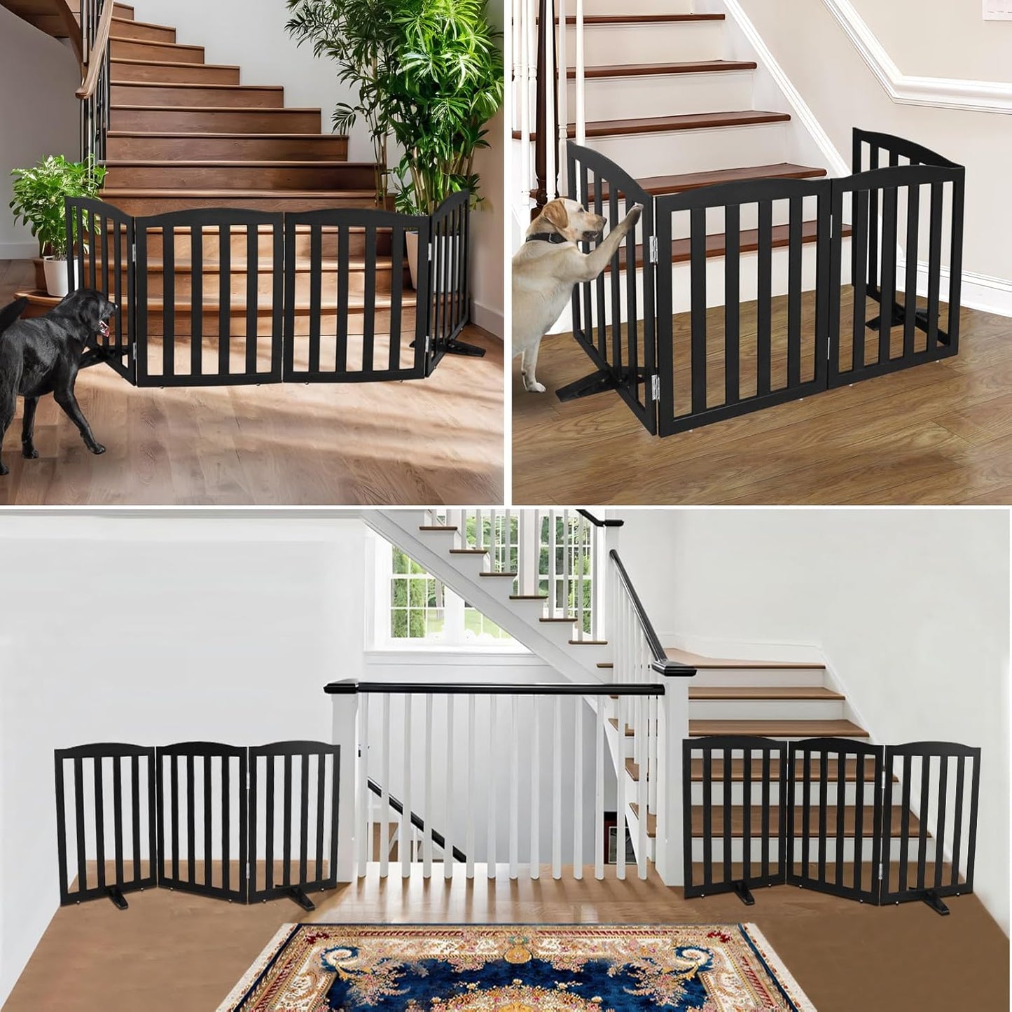ZJSF Foldable Freestanding Indoor Dog Gate for House Wood Long Pet Gates Dog Fence for Stairs Puppy Gates for Hallways, Puppy Gate,Support Feet Included, Black, 24 "Height-3 Panels