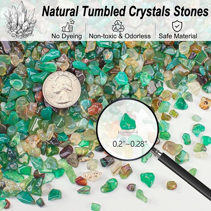 Green Agate Crushed Stone Tumbled Chips 0.88 Lb, Tumbled Polished Crystal Chips Bulk Natural Gemstones for Decorative Fish Tank Vase Fillers Aquarium Gravel Rocks