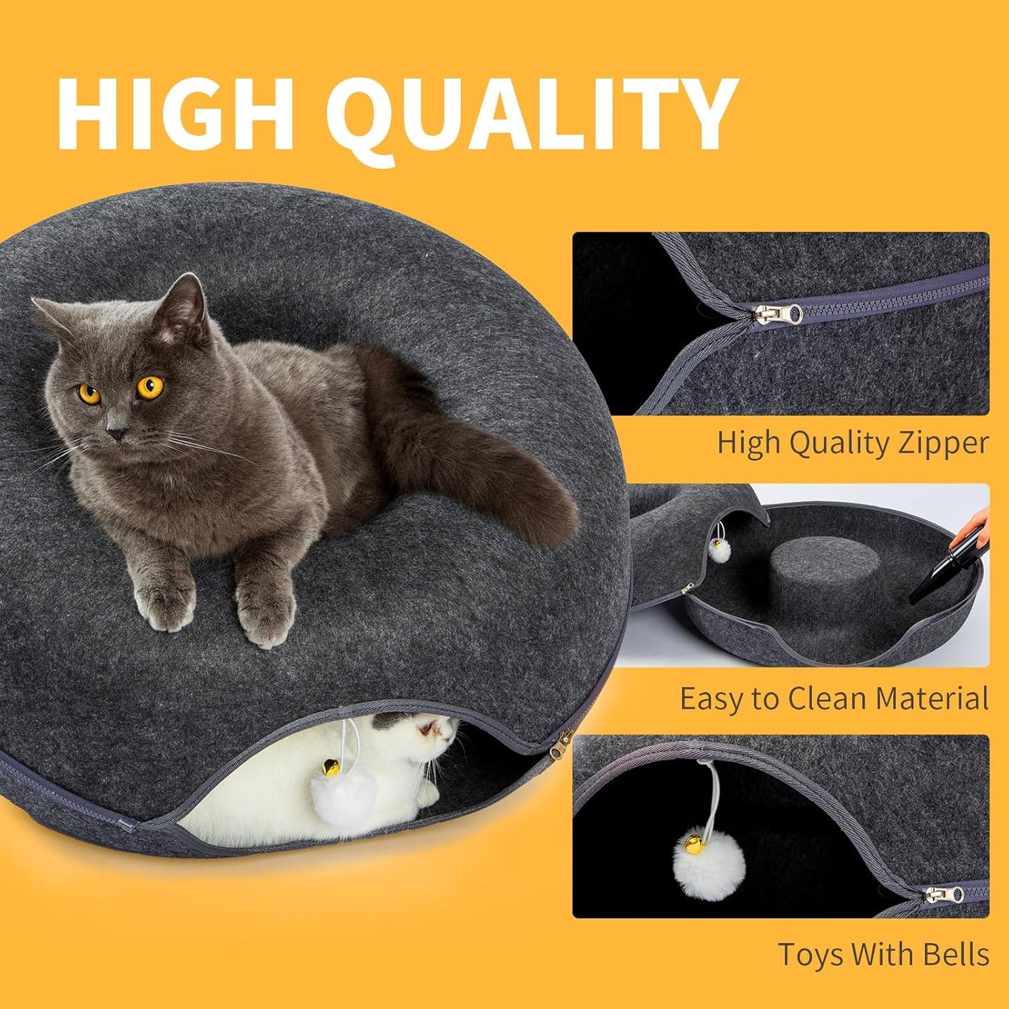 Jia Xi Indoor Cat Hideout Tunnel Bed - Donut Cat Condo and Cave - Dark Grey (20 in * 20 in * 8 in)