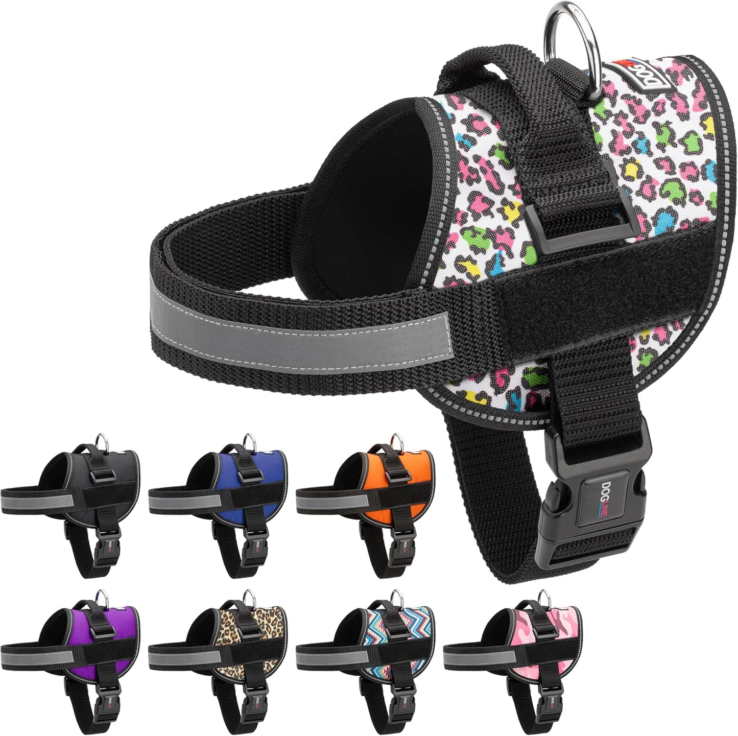 Dogline Dog Harness, Reflective No-Pull Adjustable Vest with Handle for Walking, Training, Breathable, No - Choke Harness for Small, Medium or Large Dogs Room for Patches Leopard Rainbow M 22"-28"
