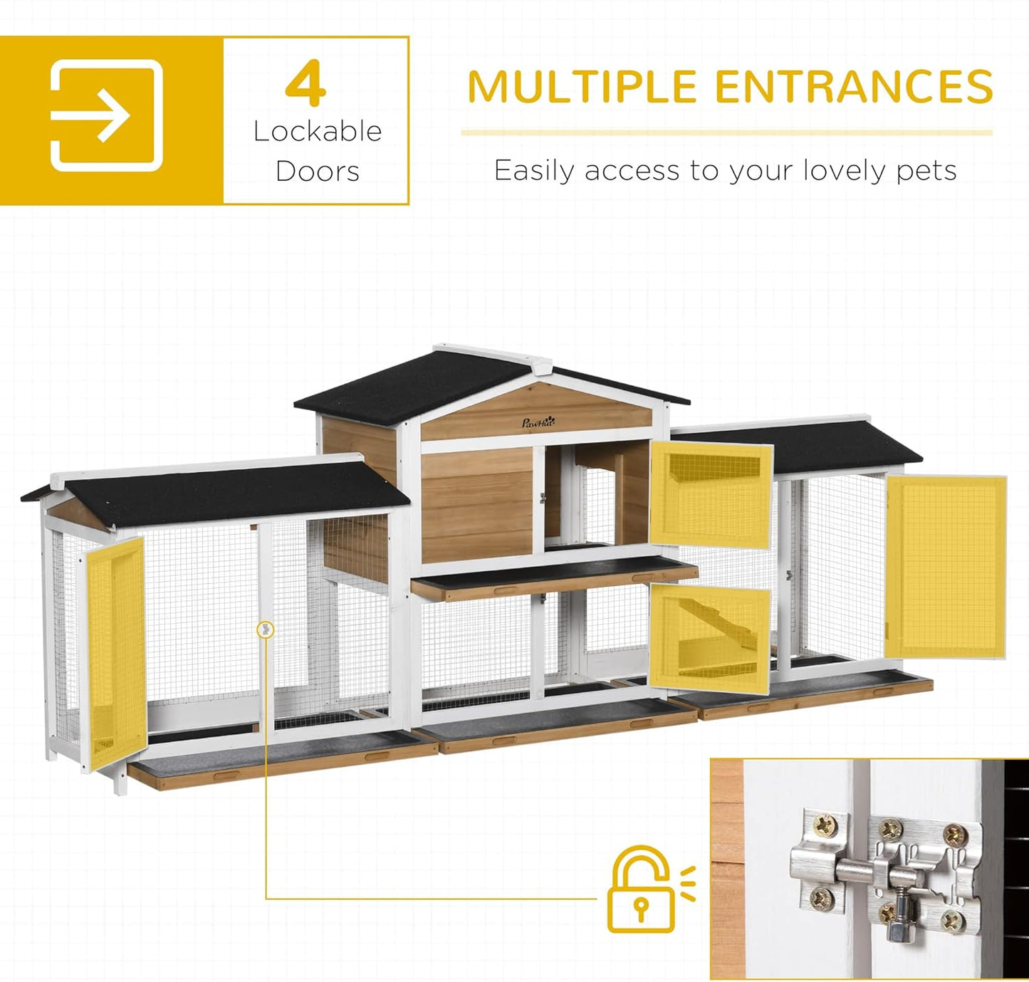PawHut 90.5" Wooden Rabbit Hutch Bunny Cage Pet Playpen House Enclosure with Double Side Run Boxes, No Leak Tray, Ramp, for Rabbits, Chickens, Ducks, Guinea Pig and Small Animals, White