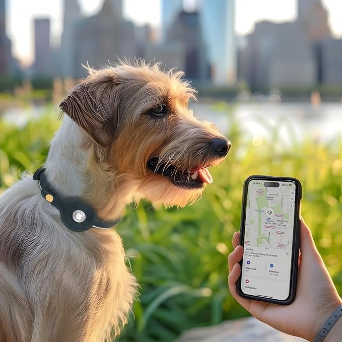 OOPSDOGGY Rolled Leather Dog Collar with Airtag Holder - Reflective Round Airtag Dog Collar - Soft Tracking Pet Collar for Small Dogs Puppy Cats Kitten (Camel, XL, 17"-21")