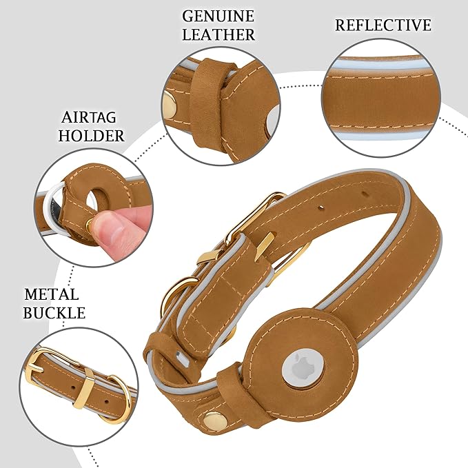 OOPSDOGGY Reflective Geniune Leather Airtag Dog Collar Soft Padded Collars for Small Medium Large Breed Dogs Puppy, 4 Sizes, 7 Colors (Camel, Small, 9"-12")