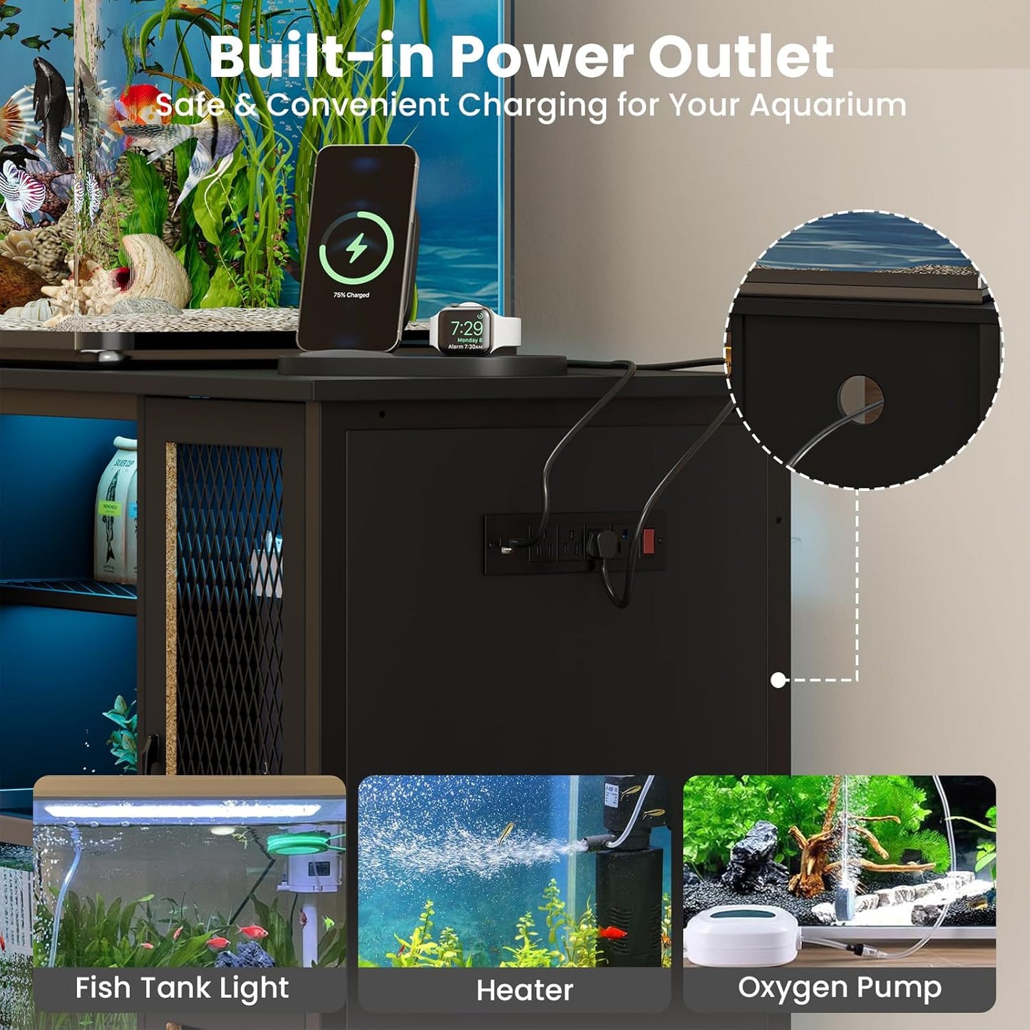 EAG 55-75 Gallon Fish Tank Stand with Power Outlets & LED Light, Heavy Duty Aquarium Stand with Adjustable Shelves, Turtle Reptile Terrarium Tank Stand with Cabinet, 1250LBS Capacity, Black